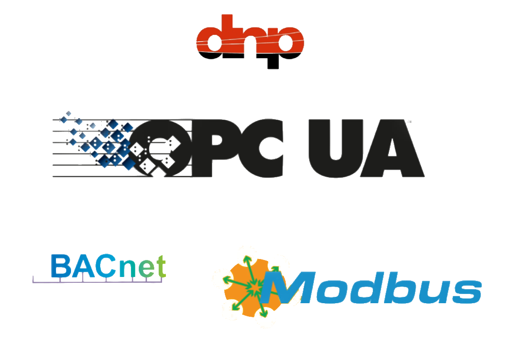 logos of opc ua, bacnet, modbus and dnp protocols